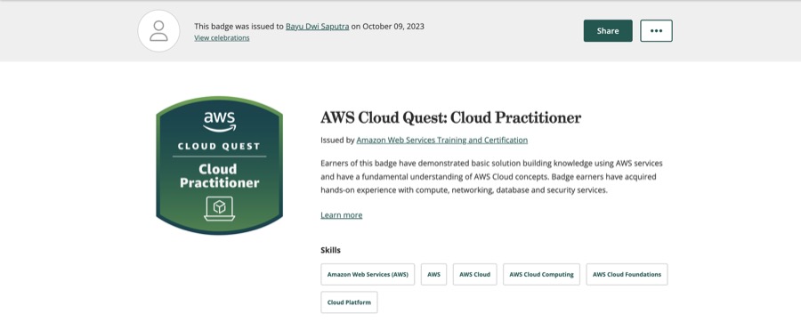 AWS Cloud Quest Cloud Practitioner badge